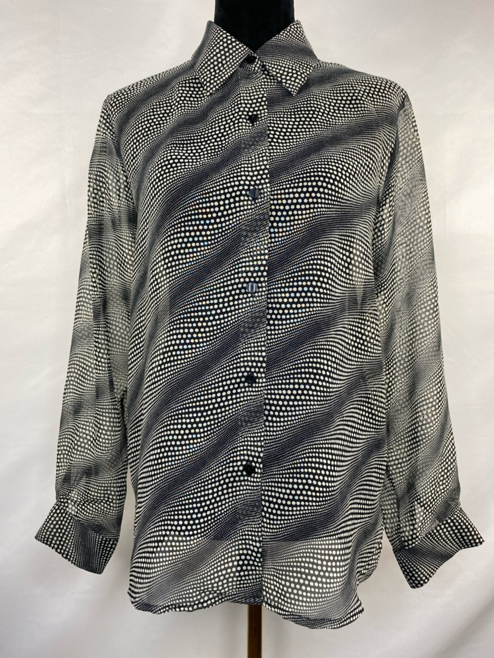 Vintage Voir Sheer Black & White Polka Dot Button Down Long Sleeve Blouse